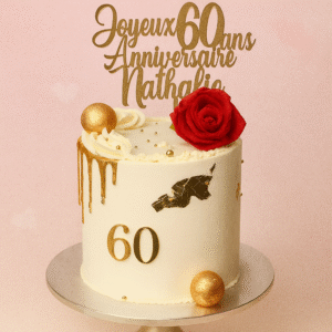 Gâteau d’anniversaire 60 ans décoré d’une rose rouge et de détails dorés – BGS Pâtisserie Nantes