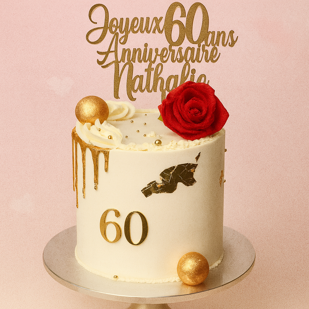 Gâteau d’anniversaire 60 ans décoré d’une rose rouge et de détails dorés – BGS Pâtisserie Nantes