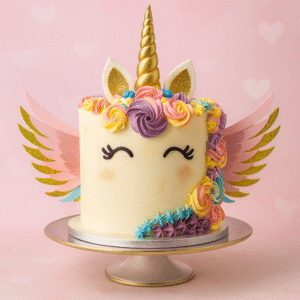 Gâteau d’anniversaire licorne arc-en-ciel avec corne dorée, ailes scintillantes et crinière colorée — BGS Pâtisserie.