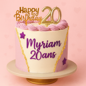 Gâteau d’anniversaire 20 ans rose et violet avec étoiles et dorure — BGS Pâtisserie.