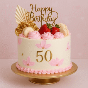 Gâteau d’anniversaire 50 ans rose et doré décoré de fraises et macarons – BGS Pâtisserie Nantes