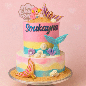 Gâteau d’anniversaire sirène pastel avec prénom Soukayna, décor marin et queue de sirène – BGS Pâtisserie Nantes