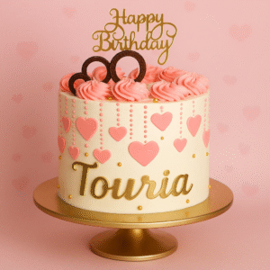 Gâteau d’anniversaire blanc décor cœurs rose, rosaces et prénom doré — BGS Pâtisserie.