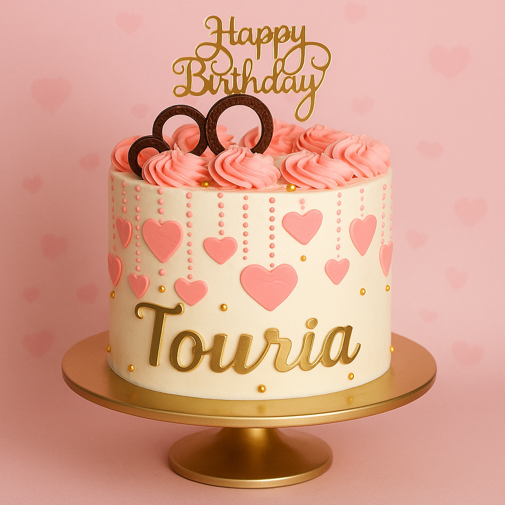 Gâteau d’anniversaire blanc décor cœurs rose, rosaces et prénom doré — BGS Pâtisserie.