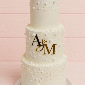 Gâteau de mariage blanc à 3 étages avec perles comestibles et monogramme doré – BGS Pâtisserie