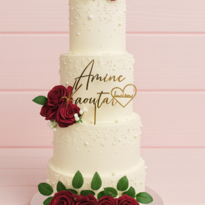 Gâteau de mariage à plusieurs étages décoré de roses rouges et de perles blanches – BGS Pâtisserie Nantes