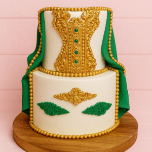 Gâteau royal vert et doré décoré de motifs dorés et pierres émeraude – BGS Pâtisserie Nantes