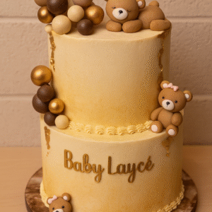 Gâteau Baby à trois étages ivoire et or avec oursons, bulles chocolat dorées et prénom « Baby Layes » en façade.