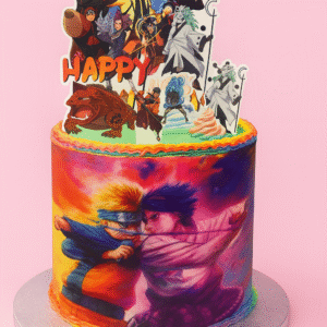 Gâteau Naruto coloré avec personnages d’anime et décor anniversaire – BGS Pâtisserie Nantes