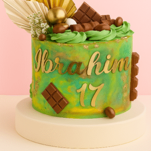 Gâteau d’anniversaire chocolat vert & or — prénom + âge