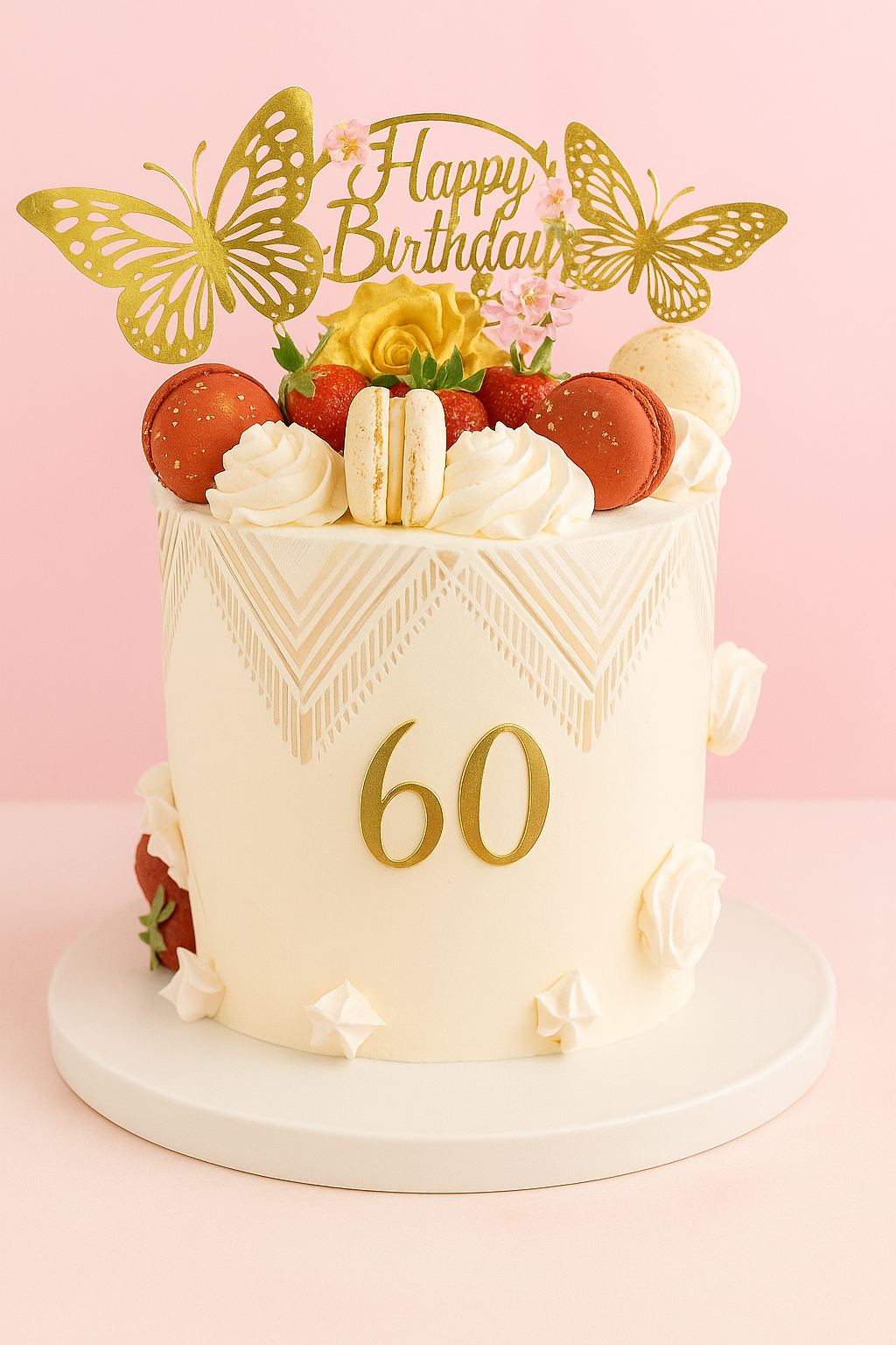 Gâteau d’anniversaire blanc à motif géométrique avec fraises, macarons, papillons et chiffre 60 doré — BGS Pâtisserie.