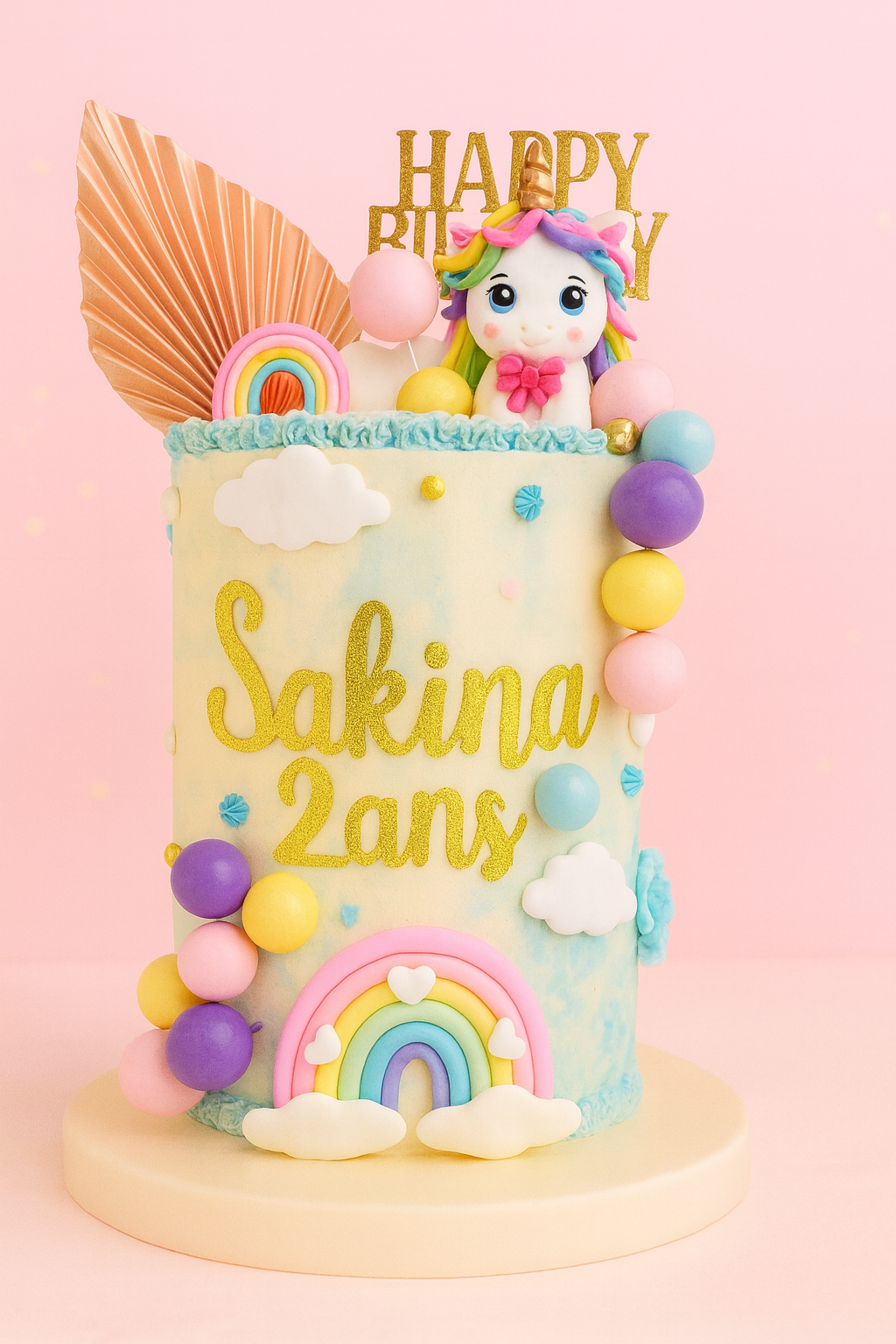 Gâteau d’anniversaire licorne arc-en-ciel avec nuages, boules colorées, éventail doré et prénom en lettres pailletées.
