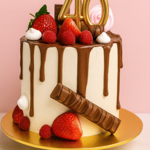 Gâteau chocolat et fruits rouges décoré de fraises, framboises et Kinder – BGS Pâtisserie Nantes