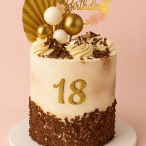Gâteau d’anniversaire 18 ans doré et chocolat décoré de perles et d’un topper Happy Birthday – BGS Pâtisserie Nantes