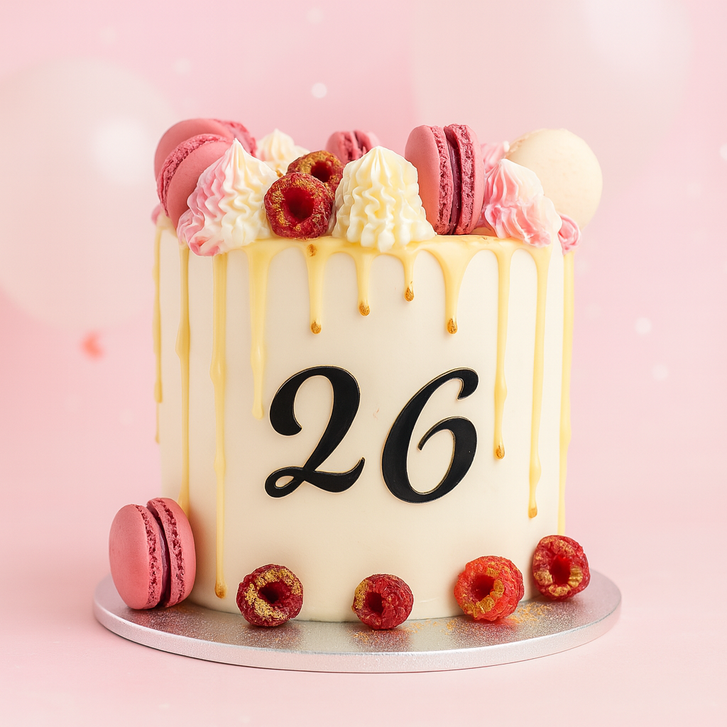 Gâteau d’anniversaire drip vanille décoré de macarons roses et framboises, avec âge 26 – réalisé à Nantes par BGS Pâtisserie