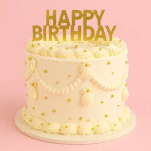 Gâteau d’anniversaire blanc et doré décoré de perles dorées et topper Happy Birthday – BGS Pâtisserie Nantes