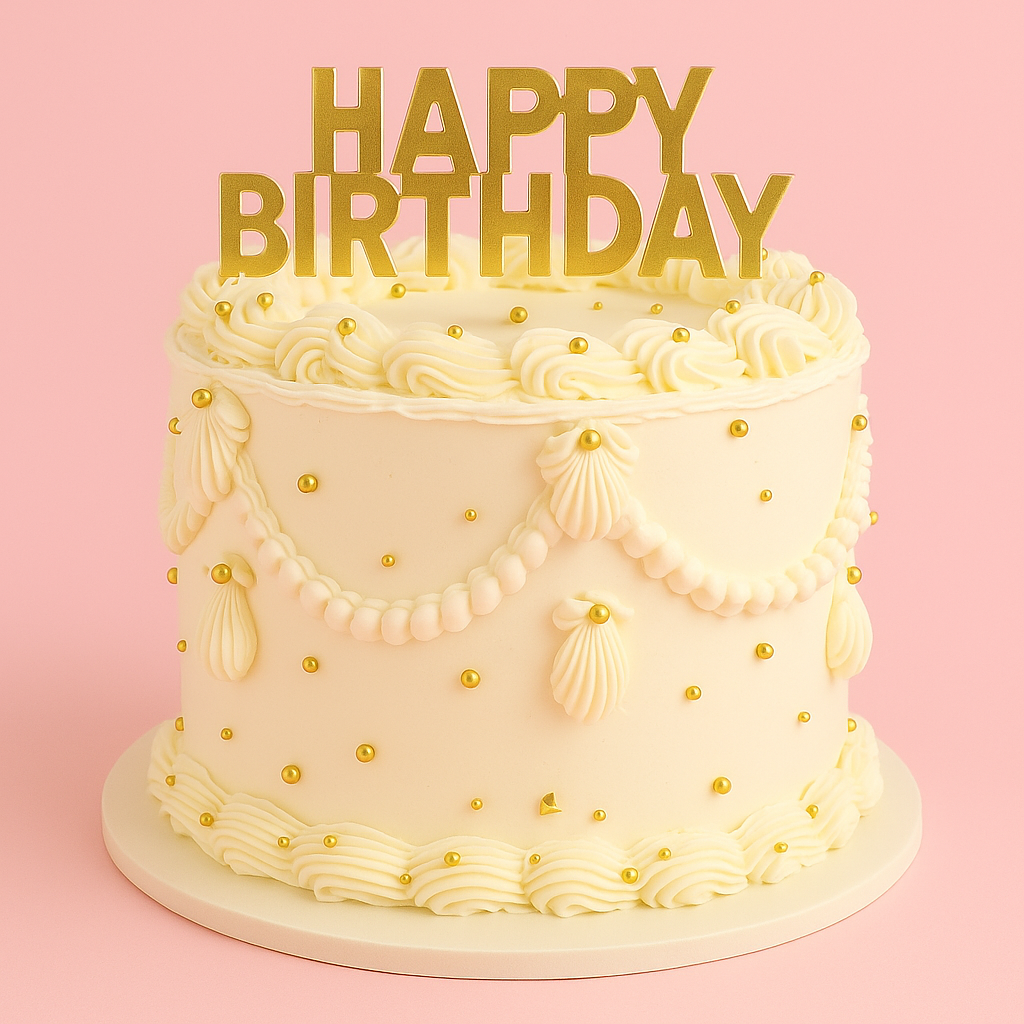 Gâteau d’anniversaire blanc et doré décoré de perles dorées et topper Happy Birthday – BGS Pâtisserie Nantes