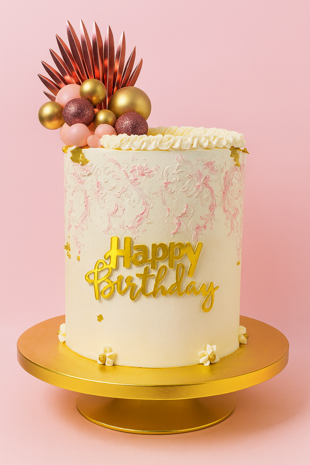 Gâteau d’anniversaire rose et doré décoré de perles, fleurs et topper doré – BGS Pâtisserie Nantes