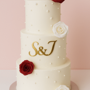 Gâteau de mariage blanc à trois étages avec perles et roses bordeaux et blanches – BGS Pâtisserie Nantes