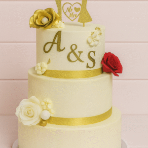 Gâteau de mariage ivoire et or à deux étages avec motifs en relief, rubans dorés, fleurs blanches et rouges, boules décoratives et sujet mariés, initiales A & S.