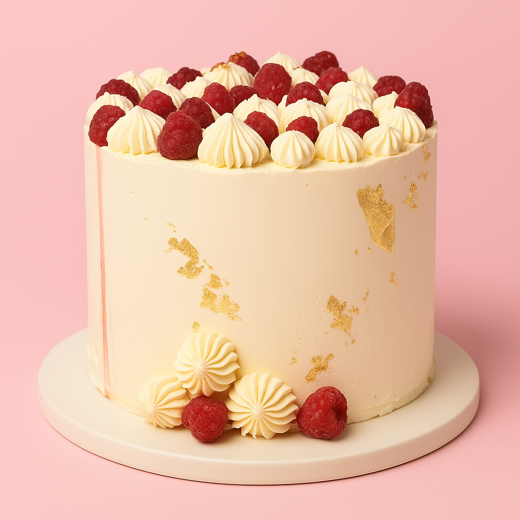 Gâteau à la framboise décoré de crème blanche et de feuilles d’or – BGS Pâtisserie Nantes