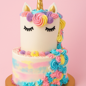 Gâteau licorne pastel à deux étages décoré de rosaces multicolores et corne dorée – BGS Pâtisserie Nantes