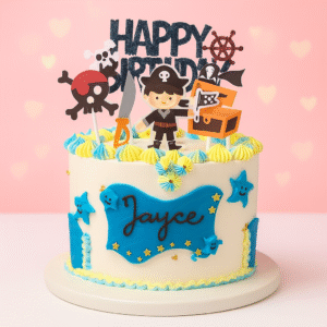 Gâteau d’anniversaire pirate avec figurines, carte au trésor bleue, étoiles, sabre, coffre et décor bleu/jaune.