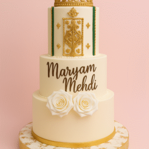 Gâteau de mariage oriental doré avec fleurs blanches et couronne